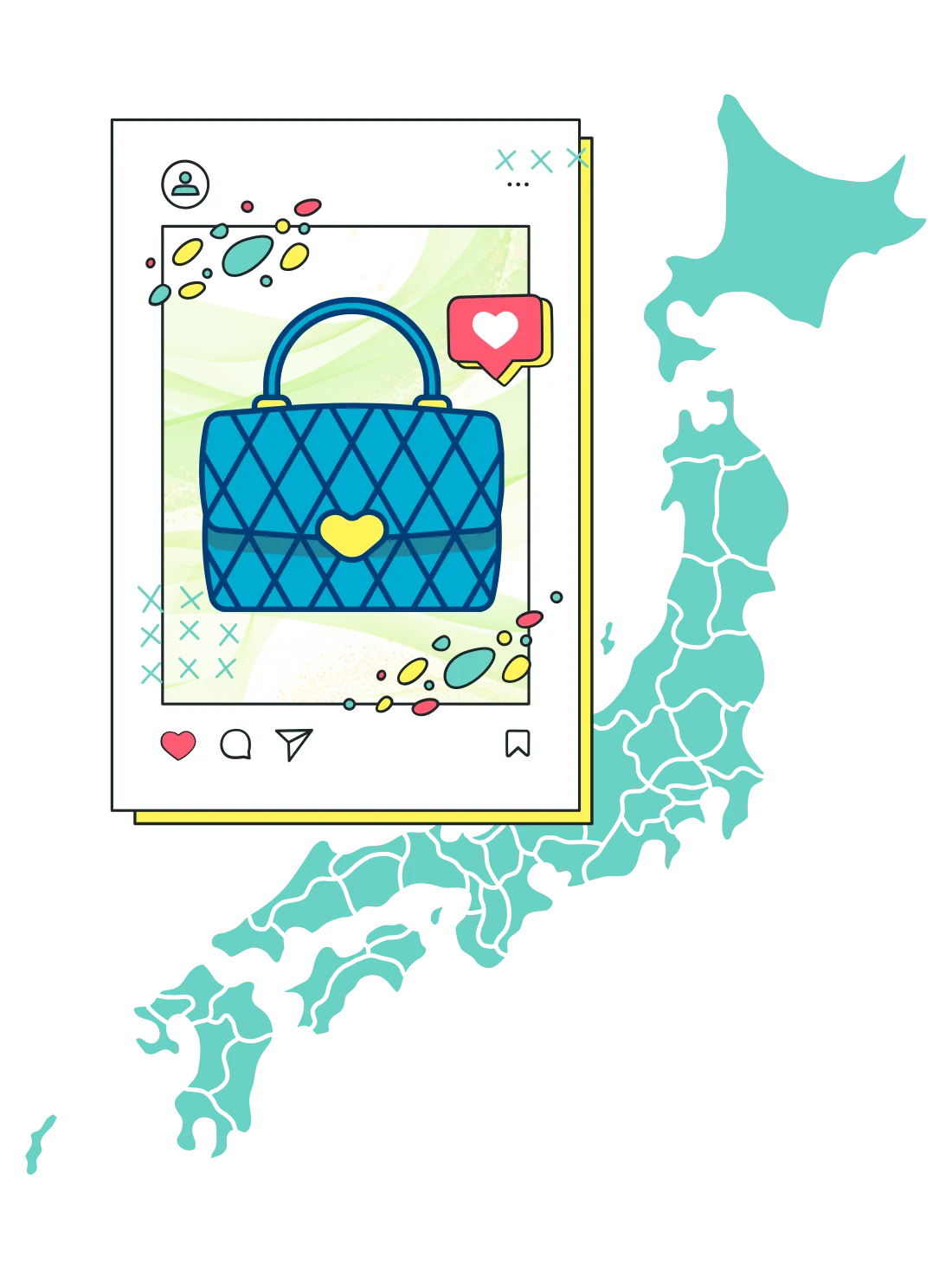 Social post of a Japanese-market product over a map of Japan